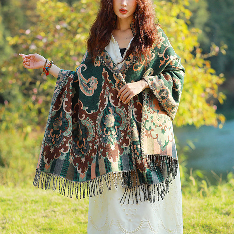 Buddha Stones, tibetische Blumen, Blätter, Zweig-Design, Quastenschal, gemütlicher Reiseschal - Dunkelgrün - image 21