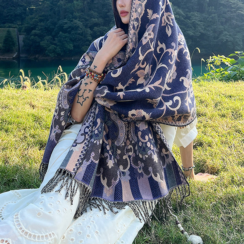 Buddha Stones, tibetische Blumen, Blätter, Zweig-Design, Quastenschal, gemütlicher Reiseschal - Marineblau - image 31