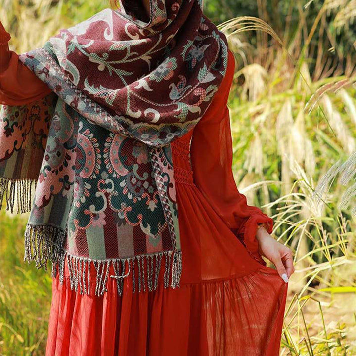 Buddha Stones, tibetische Blumen, Blätter, Zweig-Design, Quastenschal, gemütlicher Reiseschal - image 6