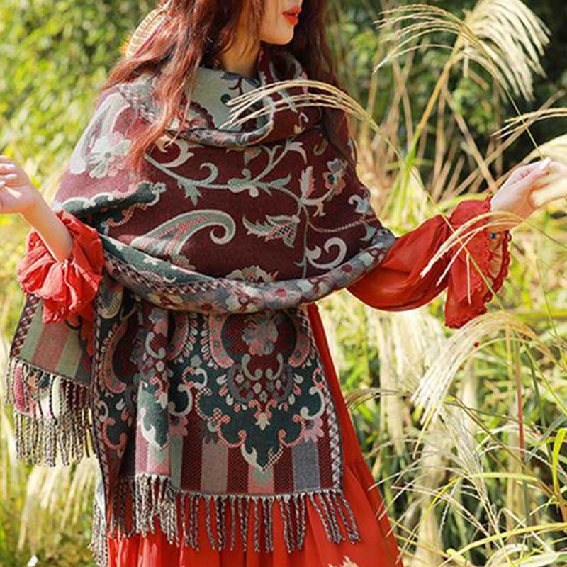 Buddha Stones, tibetische Blumen, Blätter, Zweig-Design, Quastenschal, gemütlicher Reiseschal - image 8