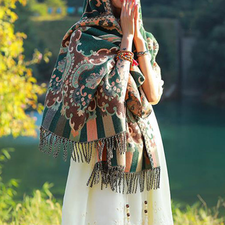 Buddha Stones, tibetische Blumen, Blätter, Zweig-Design, Quastenschal, gemütlicher Reiseschal - image 28