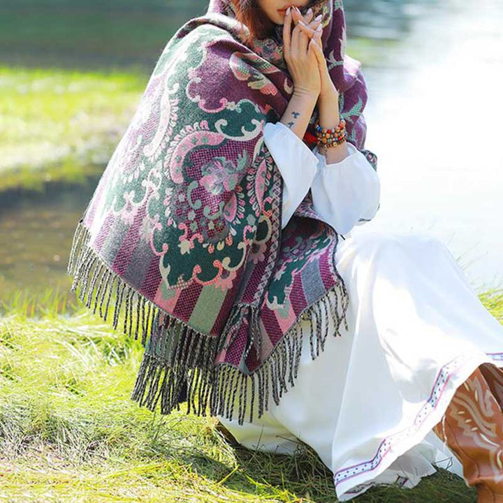 Buddha Stones, tibetische Blumen, Blätter, Zweig-Design, Quastenschal, gemütlicher Reiseschal - image 18