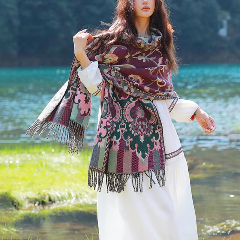 Buddha Stones, tibetische Blumen, Blätter, Zweig-Design, Quastenschal, gemütlicher Reiseschal - image 11