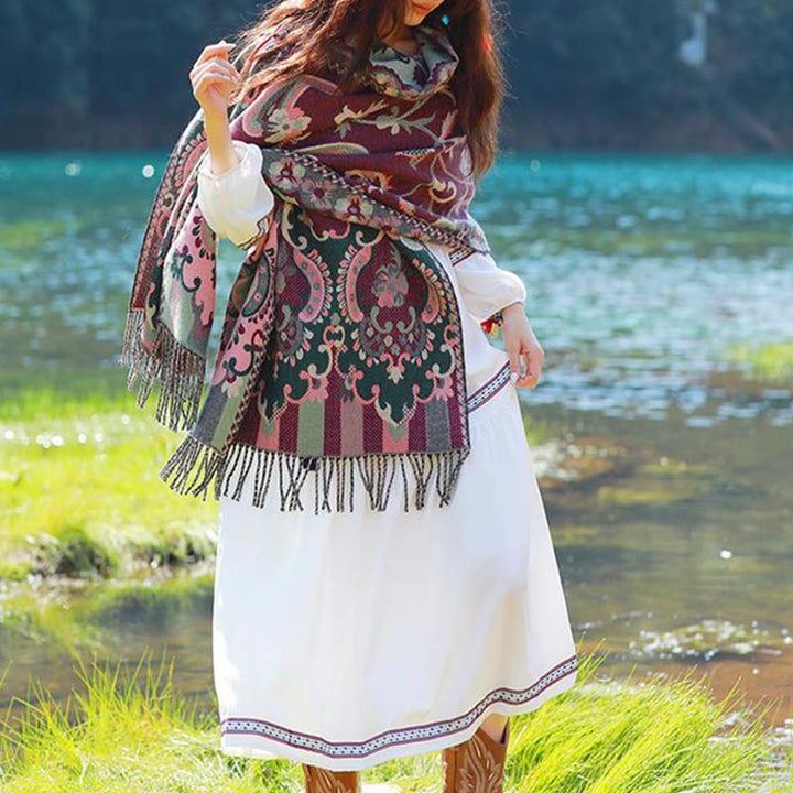 Buddha Stones, tibetische Blumen, Blätter, Zweig-Design, Quastenschal, gemütlicher Reiseschal - image 19