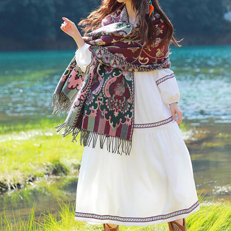 Buddha Stones, tibetische Blumen, Blätter, Zweig-Design, Quastenschal, gemütlicher Reiseschal - image 20