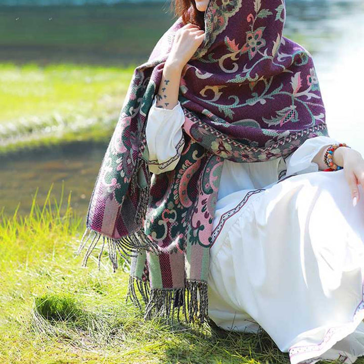 Buddha Stones, tibetische Blumen, Blätter, Zweig-Design, Quastenschal, gemütlicher Reiseschal - image 14