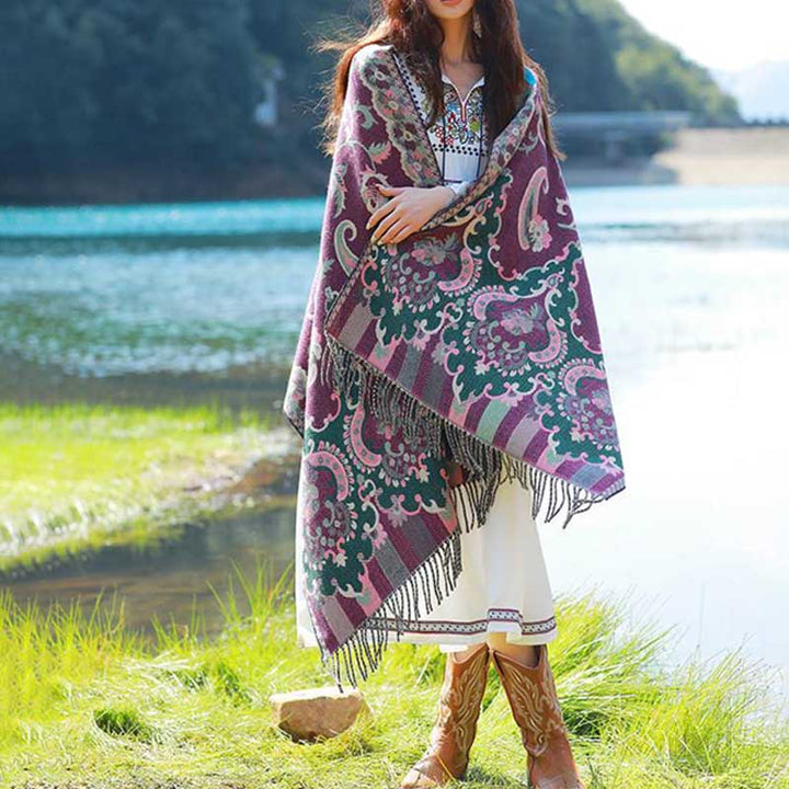 Buddha Stones, tibetische Blumen, Blätter, Zweig-Design, Quastenschal, gemütlicher Reiseschal - image 13