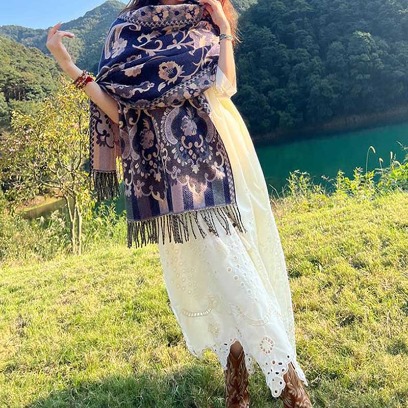 Buddha Stones, tibetische Blumen, Blätter, Zweig-Design, Quastenschal, gemütlicher Reiseschal - image 34