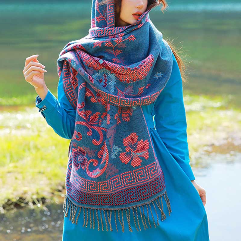 Buddha Stones, tibetische Blumen, Blätter, Muster, Design, Schal, gemütlicher Reiseschal - Blau - image 9