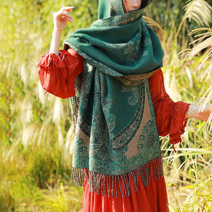 Schal mit Buddha Stonesn, tibetischem Weinlaubmuster-Design, gemütlicher Reiseschal - Dunkelgrün - image 31