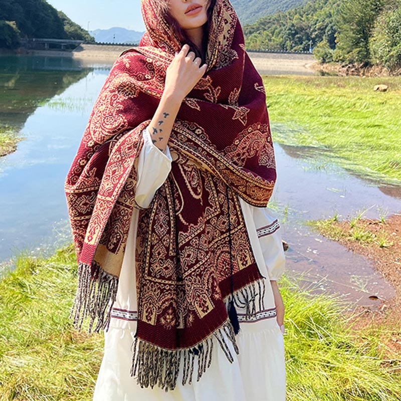 Schal mit Buddha Stonesn, Vintage-Stil, tibetisches Blättermuster, gemütlicher Reiseschal - Dunkelrot - image 15