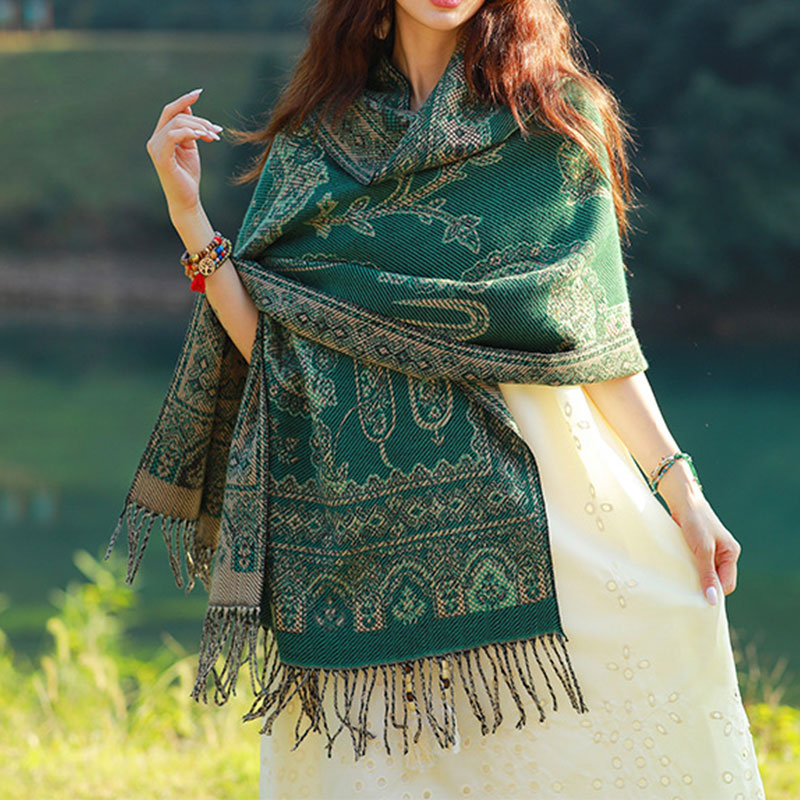 Schal mit Buddha Stonesn, Vintage-Stil, tibetisches Blättermuster, gemütlicher Reiseschal - Dunkelgrün - image 21