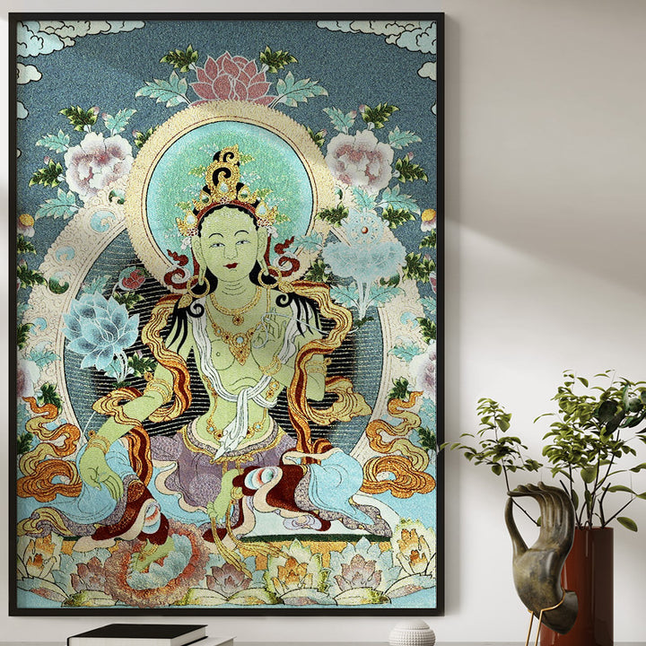 Buddha Stones, tibetische Stickerei, weiße Tara, Thangka, Wandteppich, Wandbehang, Wandkunst, Meditation für Heimdekoration