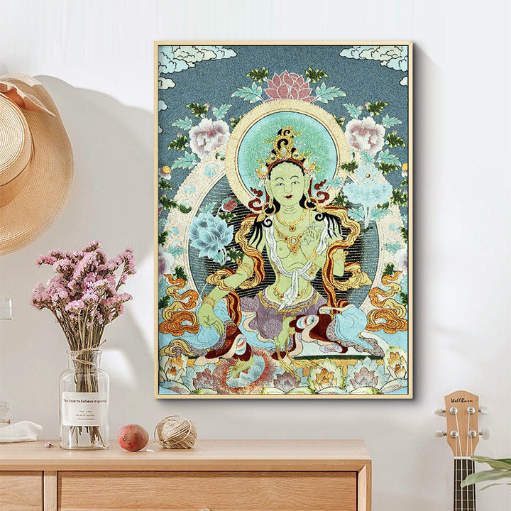 Buddha Stones, tibetische Stickerei, weiße Tara, Thangka, Wandteppich, Wandbehang, Wandkunst, Meditation für Heimdekoration