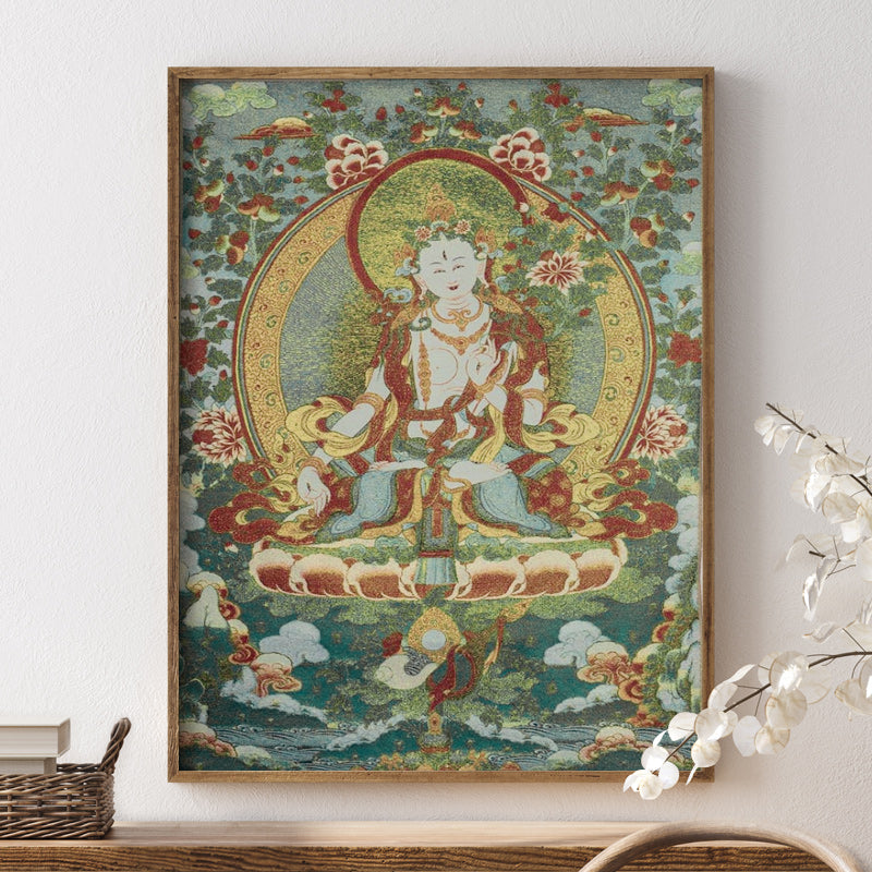 Buddha Stones, tibetische Stickerei, weiße Tara, Thangka, Wandteppich, Wandbehang, Wandkunst, Meditation für Heimdekoration