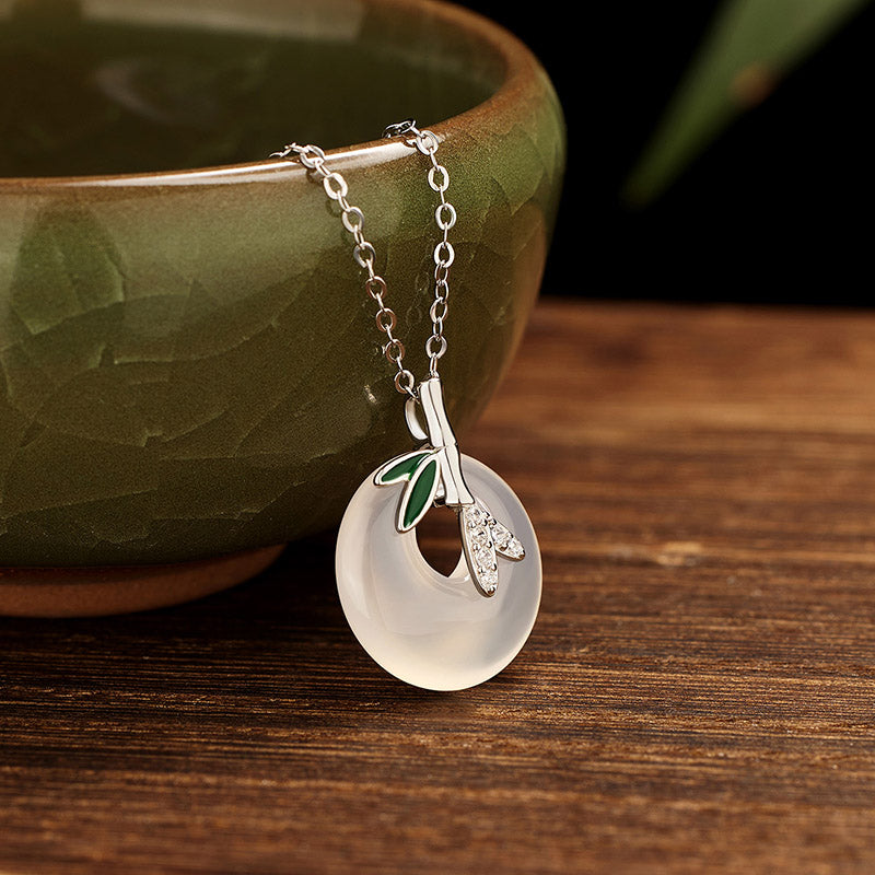 Buddha Stones 925 Sterling Silber Natürlicher Chalcedon Bambusblatt Friedensschnalle Positiver Halskettenanhänger - Silberner Bambus-Chalcedon - image 5