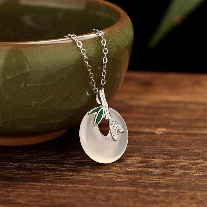 Buddha Stones 925 Sterling Silber Natürlicher Chalcedon Bambusblatt Friedensschnalle Positiver Halskettenanhänger - Silberner Bambus-Chalcedon - image 5