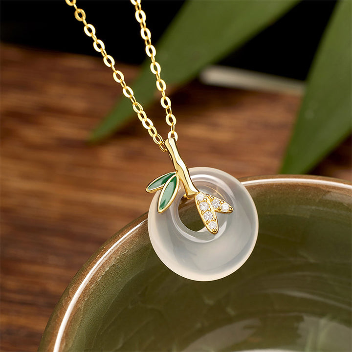 Buddha Stones 925 Sterling Silber Natürlicher Chalcedon Bambusblatt Friedensschnalle Positiver Halskettenanhänger - image 2