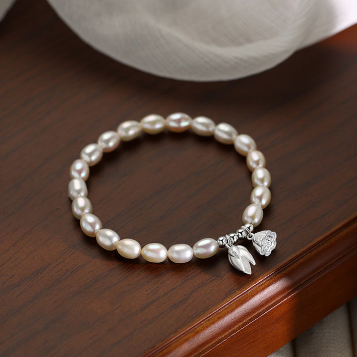 Buddha Stones 999 Sterling Silber Lotusblüten-Pod-Naturperlen-Heilungsarmband - 14-16 cm - image 0