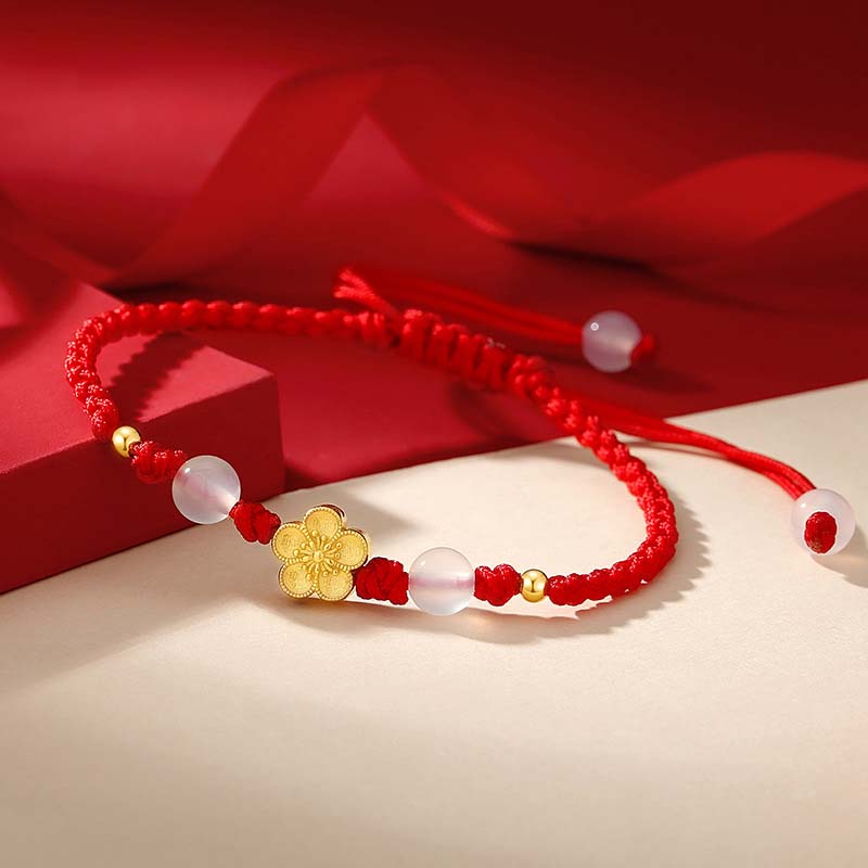 Buddha Stones Handgefertigtes Armband aus 925er-Sterlingsilber, Pfirsichblüte, Kirsche, Sakura, Chalcedonperlen, Glücksbringer, rotes Seil - image 1