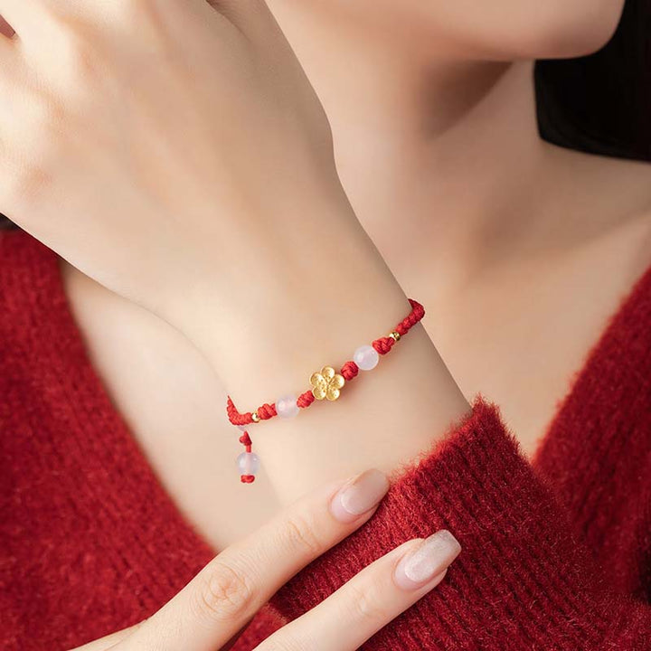 Buddha Stones Handgefertigtes Armband aus 925er-Sterlingsilber, Pfirsichblüte, Kirsche, Sakura, Chalcedonperlen, Glücksbringer, rotes Seil - image 7