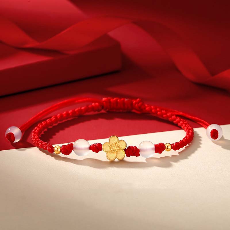 Buddha Stones Handgefertigtes Armband aus 925er-Sterlingsilber, Pfirsichblüte, Kirsche, Sakura, Chalcedonperlen, Glücksbringer, rotes Seil - 14-21 cm - image 0