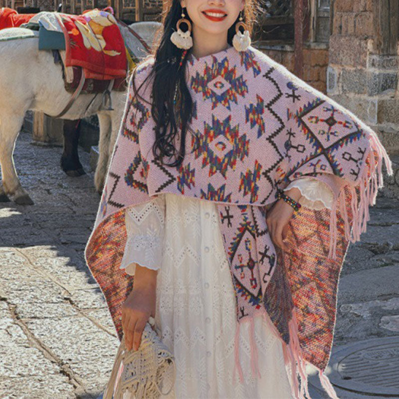 Tibetischer Schal mit Buddha Stonesn, gestreift, Geometrie-Muster, Winter, gemütlich, für Reisen, gestrickter Schal - Rosa 130 x 150 cm - image 8