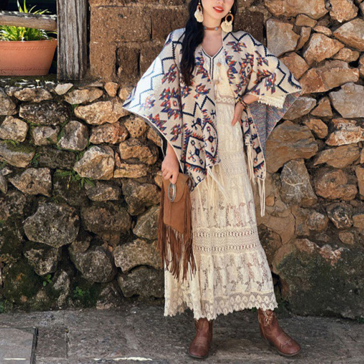 Tibetischer Schal mit Buddha Stonesn, gestreift, Geometrie-Muster, Winter, gemütlich, für Reisen, gestrickter Schal - Beige 130*150cm - image 3