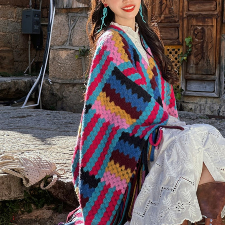 Tibetischer Schal mit Buddha Stonesn, Bonbonfarben, geflochtenes Muster, Winter, gemütlich, für Reisen, gestrickt, mit Quasten - image 3