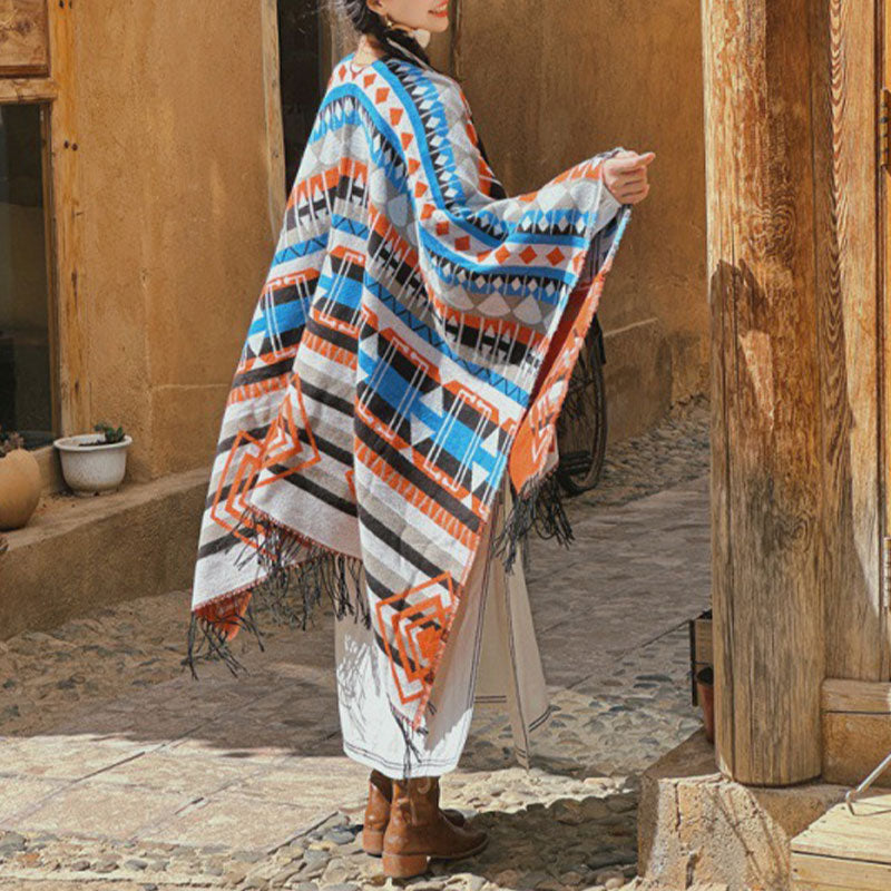 Tibetischer Schal mit Buddha Stonesn, gestreift, geometrisches Muster, für den Winter, gemütlich, für Reisen, mit Quasten - Blaugrau 130 x 150 cm - image 0