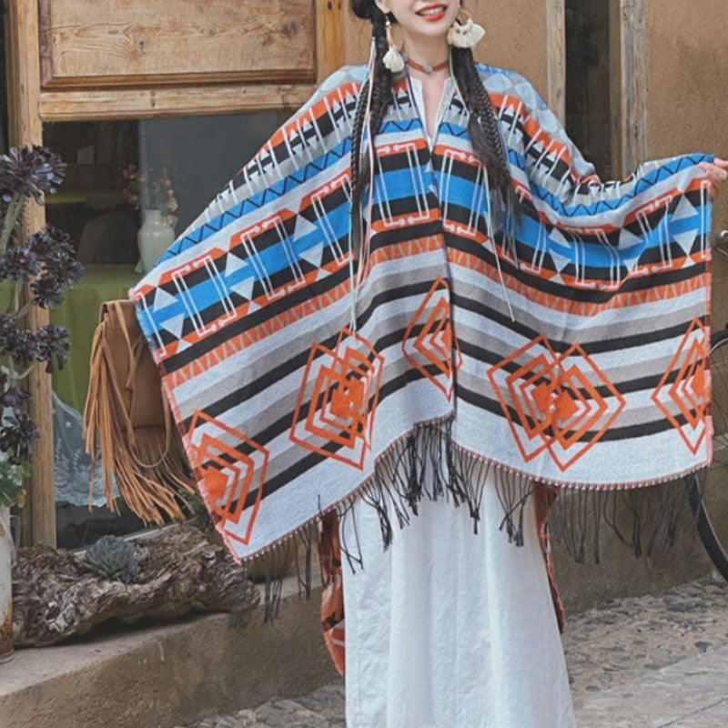 Tibetischer Schal mit Buddha Stonesn, gestreift, geometrisches Muster, für den Winter, gemütlich, für Reisen, mit Quasten - image 1