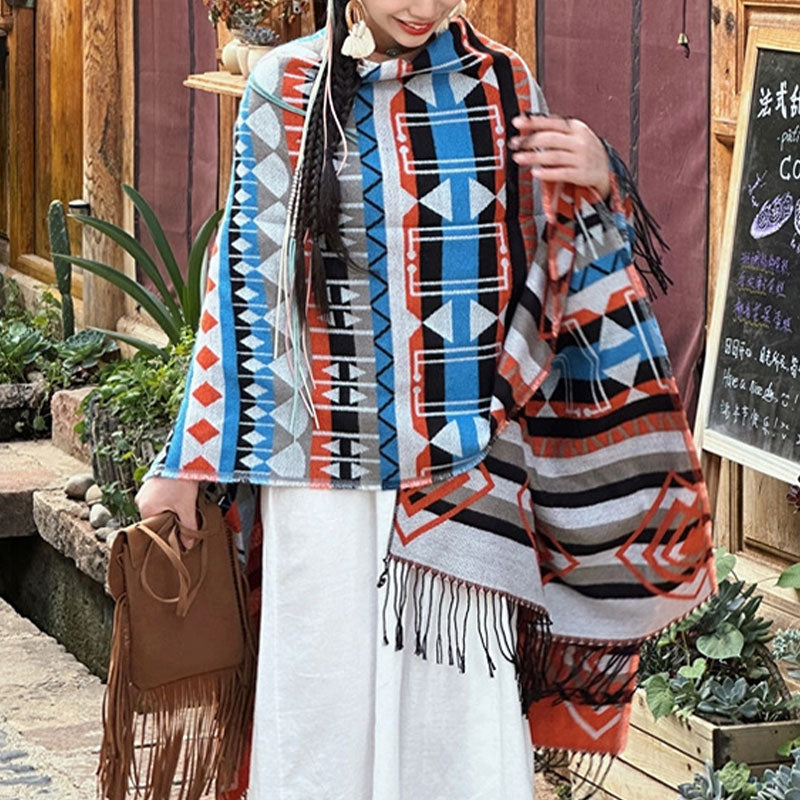 Tibetischer Schal mit Buddha Stonesn, gestreift, geometrisches Muster, für den Winter, gemütlich, für Reisen, mit Quasten - image 4