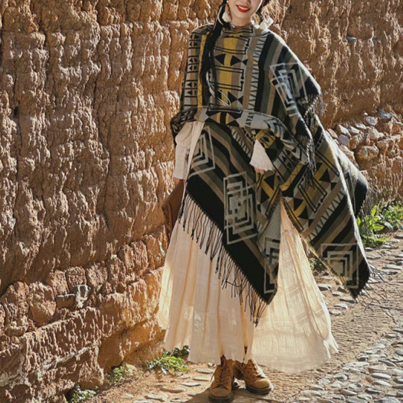 Tibetischer Schal mit Buddha Stonesn, gestreift, geometrisches Muster, für den Winter, gemütlich, für Reisen, mit Quasten - Braun Grau 130*150cm - image 6