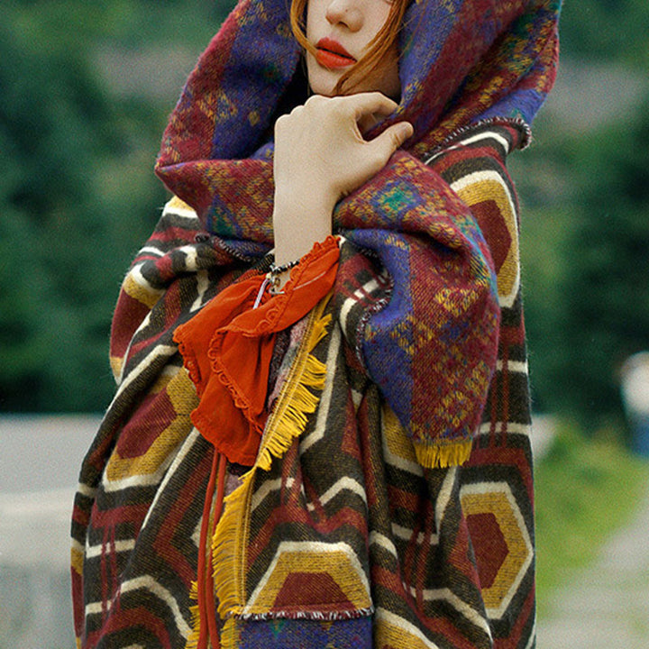 Tibetischer Schal mit Buddha Stonesn, braun, blau, rot, geometrische Formen, Muster, Winter, gemütlicher Reiseschal - image 16