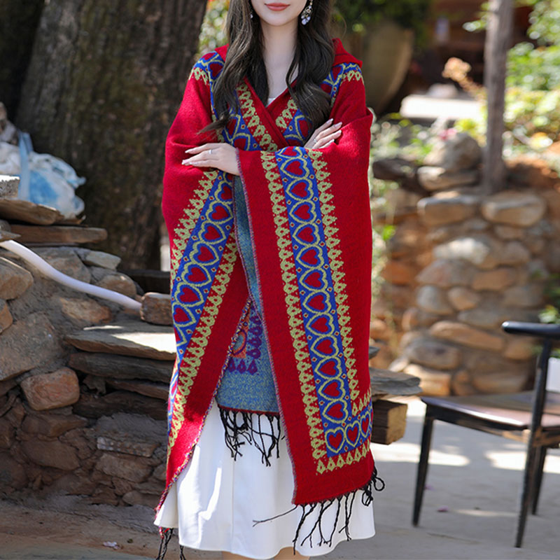 Tibetischer Schal mit Buddha Stonesn, rot, Liebesherz, Quaste, Kapuzenumhang, Winter, gemütlicher Reiseschal - image 3