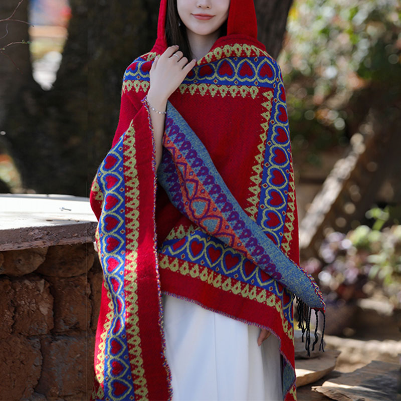 Tibetischer Schal mit Buddha Stonesn, rot, Liebesherz, Quaste, Kapuzenumhang, Winter, gemütlicher Reiseschal - image 1