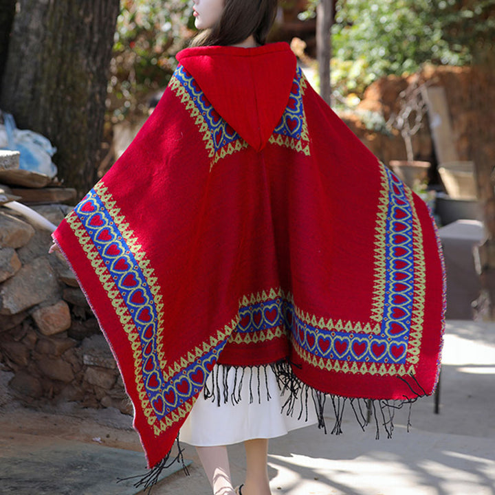 Tibetischer Schal mit Buddha Stonesn, rot, Liebesherz, Quaste, Kapuzenumhang, Winter, gemütlicher Reiseschal - image 4