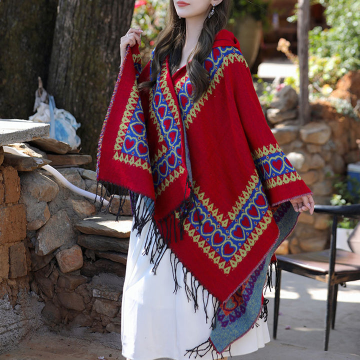 Tibetischer Schal mit Buddha Stonesn, rot, Liebesherz, Quaste, Kapuzenumhang, Winter, gemütlicher Reiseschal - image 5