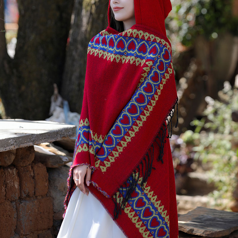 Tibetischer Schal mit Buddha Stonesn, rot, Liebesherz, Quaste, Kapuzenumhang, Winter, gemütlicher Reiseschal - image 12