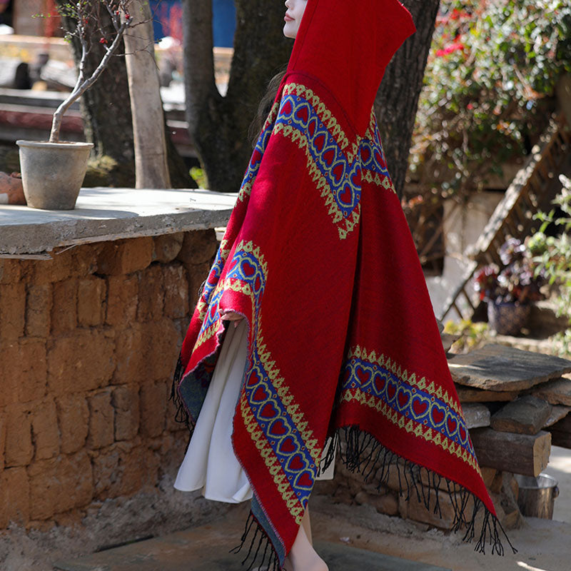 Tibetischer Schal mit Buddha Stonesn, rot, Liebesherz, Quaste, Kapuzenumhang, Winter, gemütlicher Reiseschal - image 10