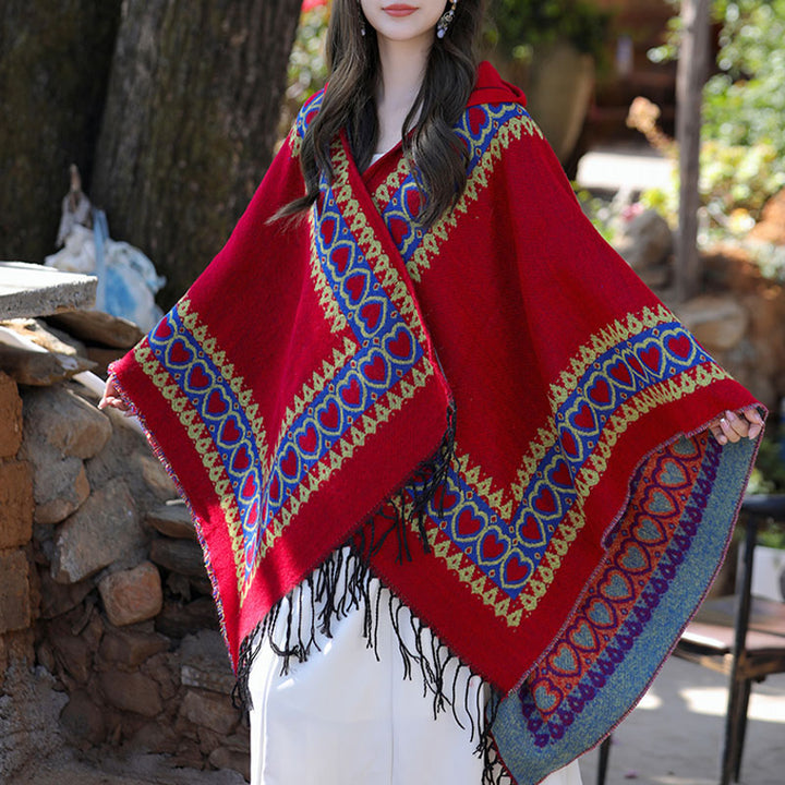 Tibetischer Schal mit Buddha Stonesn, rot, Liebesherz, Quaste, Kapuzenumhang, Winter, gemütlicher Reiseschal - image 9