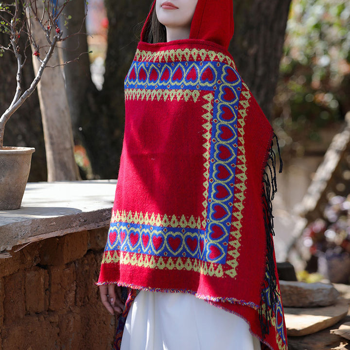 Tibetischer Schal mit Buddha Stonesn, rot, Liebesherz, Quaste, Kapuzenumhang, Winter, gemütlicher Reiseschal - image 8