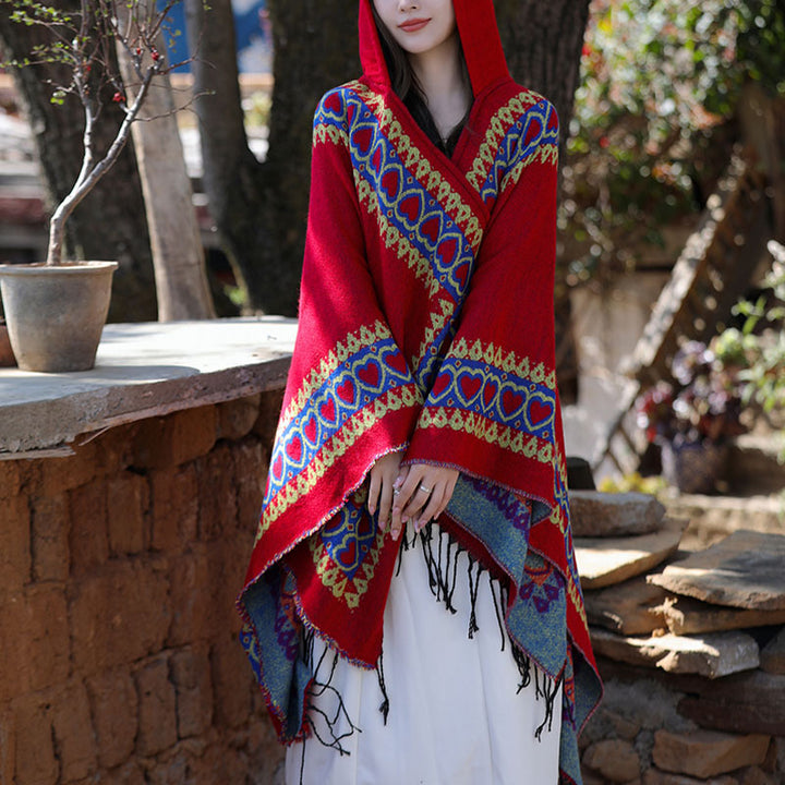 Tibetischer Schal mit Buddha Stonesn, rot, Liebesherz, Quaste, Kapuzenumhang, Winter, gemütlicher Reiseschal - image 13