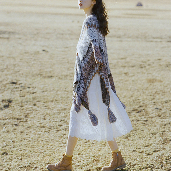 Tibetischer Schal mit Buddha Stonesn, grau-braun gestreift, gestrickte Quasten, gemütlicher Winter-Reiseschal - image 4