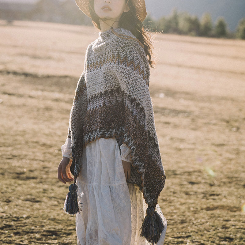 Tibetischer Schal mit Buddha Stonesn, grau-braun gestreift, gestrickte Quasten, gemütlicher Winter-Reiseschal - image 2