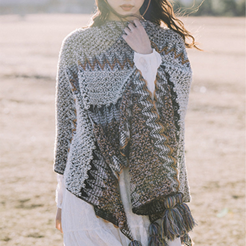 Tibetischer Schal mit Buddha Stonesn, grau-braun gestreift, gestrickte Quasten, gemütlicher Winter-Reiseschal - image 5