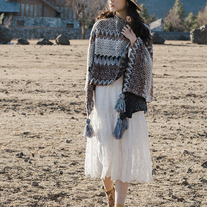 Tibetischer Schal mit Buddha Stonesn, grau-braun gestreift, gestrickte Quasten, gemütlicher Winter-Reiseschal - image 8