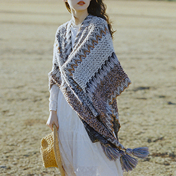 Tibetischer Schal mit Buddha Stonesn, grau-braun gestreift, gestrickte Quasten, gemütlicher Winter-Reiseschal - image 13