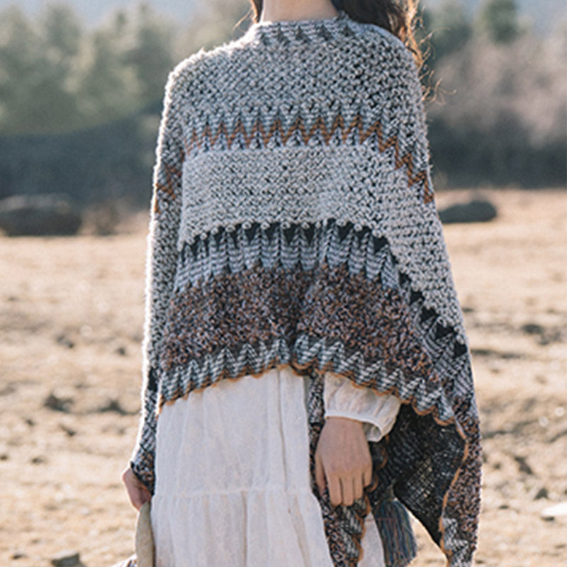 Tibetischer Schal mit Buddha Stonesn, grau-braun gestreift, gestrickte Quasten, gemütlicher Winter-Reiseschal - image 12