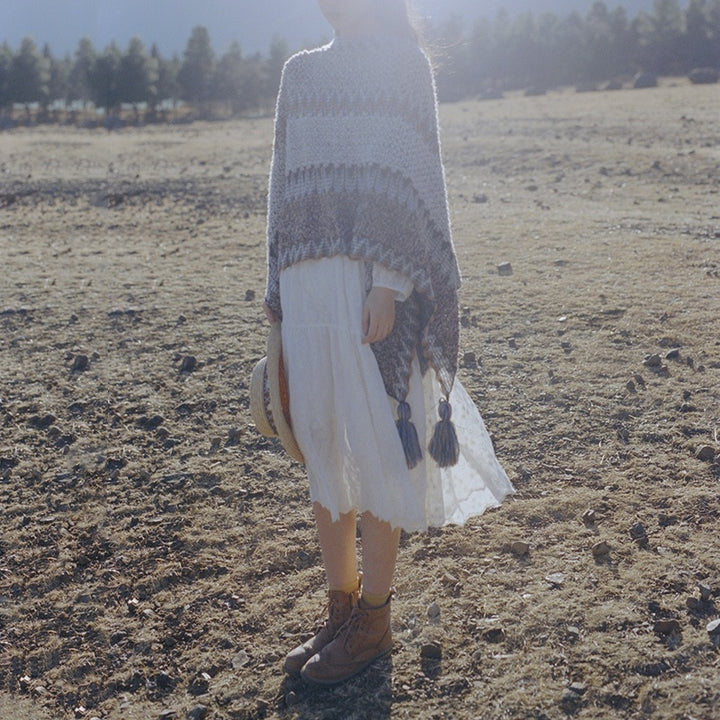 Tibetischer Schal mit Buddha Stonesn, grau-braun gestreift, gestrickte Quasten, gemütlicher Winter-Reiseschal - image 14